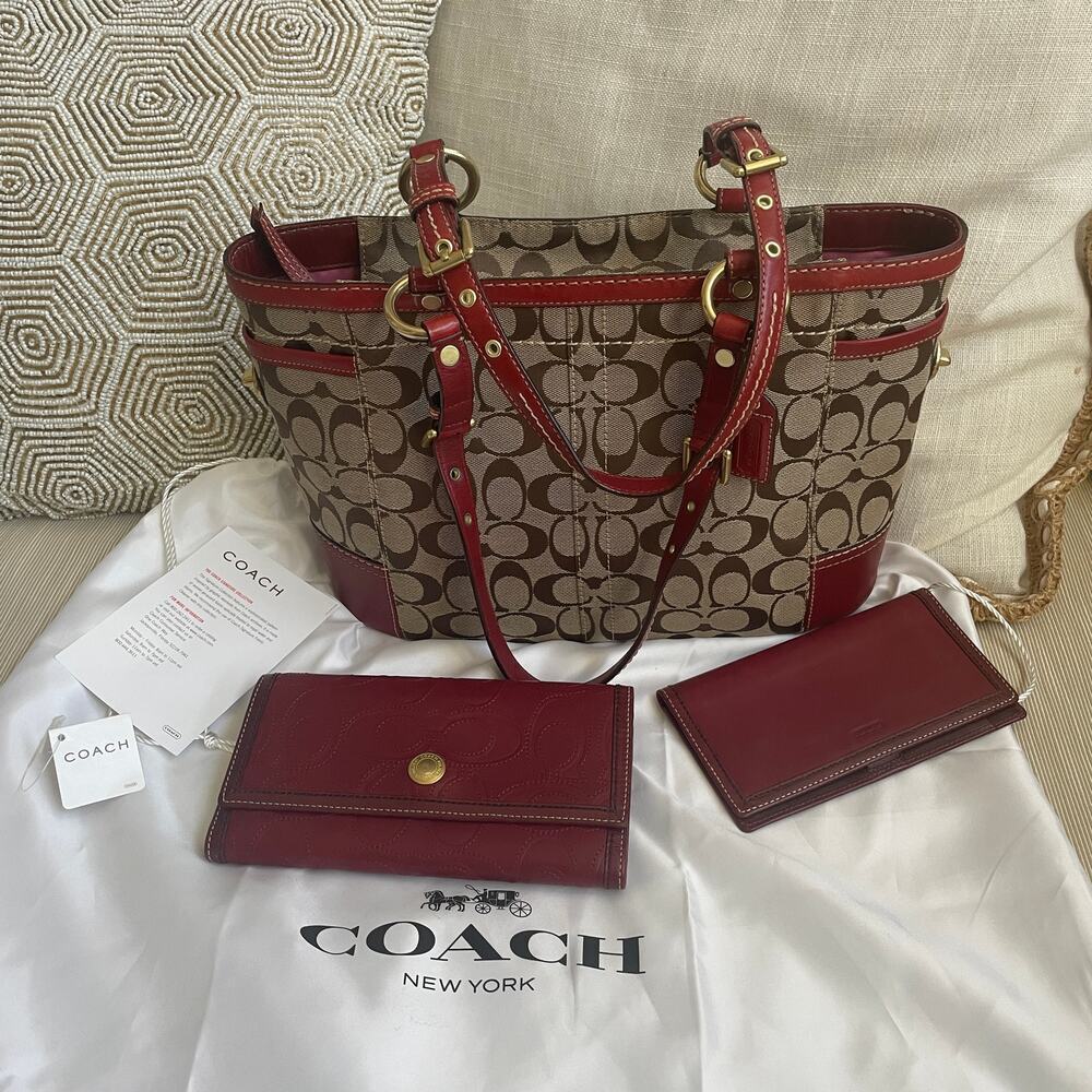 Vtg Coach Signature Tote 11353 4 Pc Set | Red Leather Trim Bag, Pink, Mint